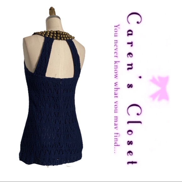 Trina Turk Navy Crochet. Boho Studded Tank Top - Picture 6 of 6